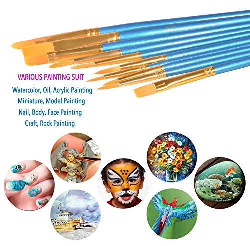 10PCS Paint Brushes Set Multifunctional Nylon Artist Hair Paint Brush Flat Round Tip for Acrylic Oil Watercolor Gouache Face Painting(Blue)