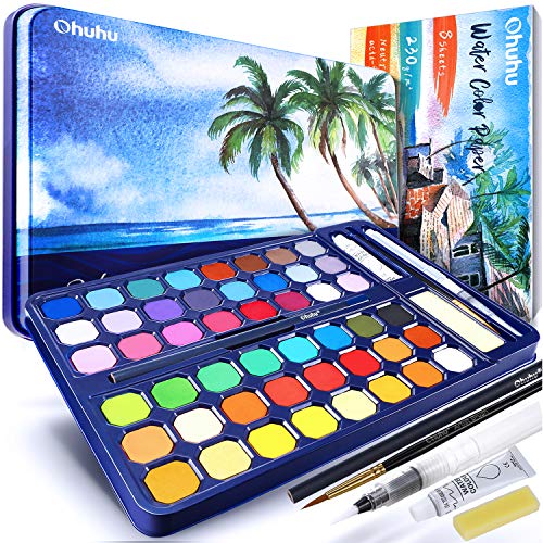 Ohuhu Water Colour Paints Sets 48 Blocks Watercolour Paint Set with Brush Pen Pencil Watercolour Paper Pad - Easy to Blend Portable Travel Pigment Gouache Kit for Adults Artists Amateur Art Supplies