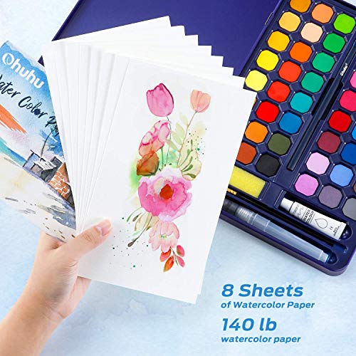 Ohuhu Water Colour Paints Sets 48 Blocks Watercolour Paint Set with Brush Pen Pencil Watercolour Paper Pad - Easy to Blend Portable Travel Pigment Gouache Kit for Adults Artists Amateur Art Supplies