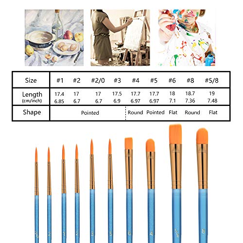 10PCS Paint Brushes Set Multifunctional Nylon Artist Hair Paint Brush Flat Round Tip for Acrylic Oil Watercolor Gouache Face Painting(Blue)
