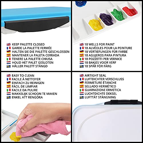 Belle Vous 18 Well Folding Paint Palette - Blue Portable/Travel Stay Wet Palette Box - Artists Paint Tray for Watercolour Painting, Oil/Acrylic Painting, Mixing Paints, and Gouache