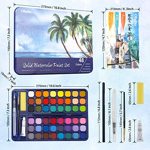 Ohuhu Water Colour Paints Sets 48 Blocks Watercolour Paint Set with Brush Pen Pencil Watercolour Paper Pad - Easy to Blend Portable Travel Pigment Gouache Kit for Adults Artists Amateur Art Supplies
