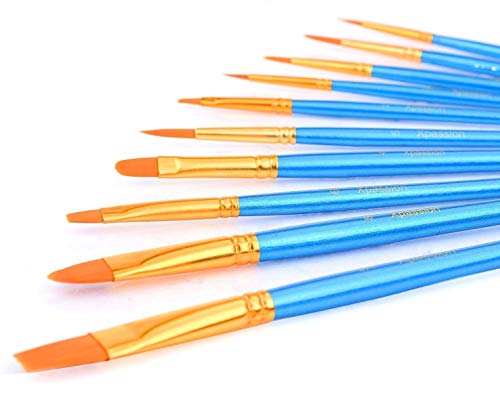 Zhu Ting Paint Brushes, 10pcs Paint Brush Set for Watercolor/Oil/Acrylic/Crafts/Rock & Face Painting(Blue)