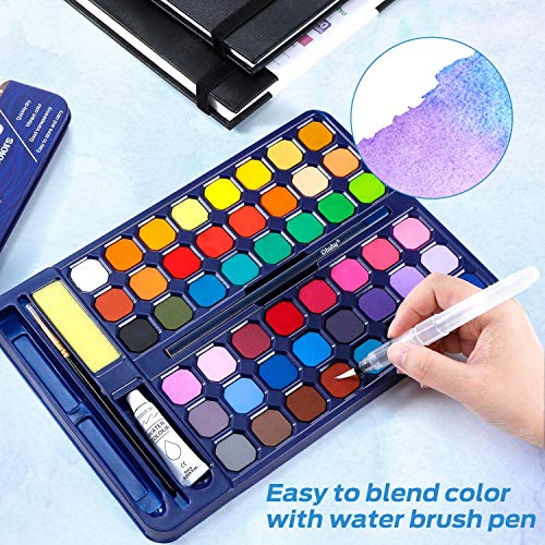 Ohuhu Water Colour Paints Sets 48 Blocks Watercolour Paint Set with Brush Pen Pencil Watercolour Paper Pad - Easy to Blend Portable Travel Pigment Gouache Kit for Adults Artists Amateur Art Supplies