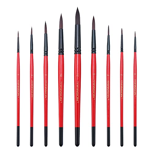 Transon Artist Round Watercolour Paint Brush Synthetic Sable Set 9pcs for Acrylic, Gouache, Oil, Tempera, Enamel and Face Painting