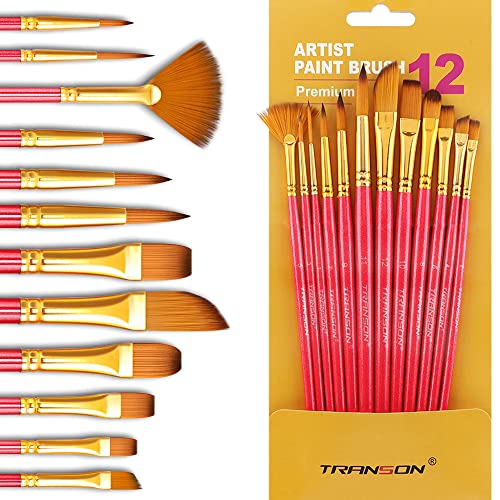 Transon Artist Paint Brush Set of 12 for Acrylic Watercolor Gouache Oil Craft Painting Pink