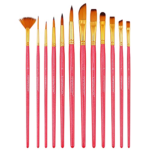 Transon Artist Paint Brush Set of 12 for Acrylic Watercolor Gouache Oil Craft Painting Pink