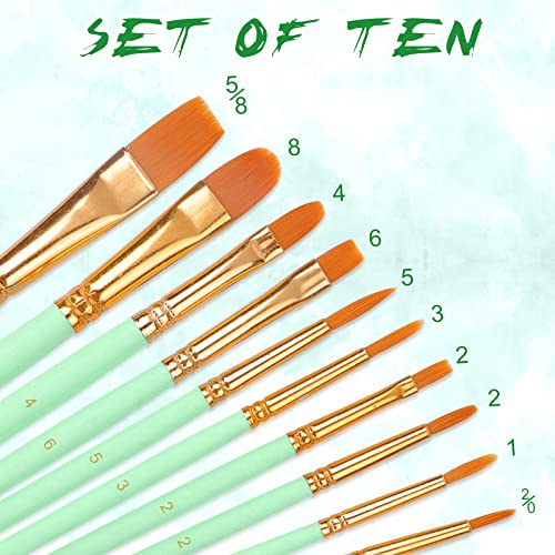 Paint Brushes Set 10 PCS Nylon Hair Paint Brushes for Acrylic Oil Watercolor Gouache Painting Face Paint Brushes for Children and Adults Green