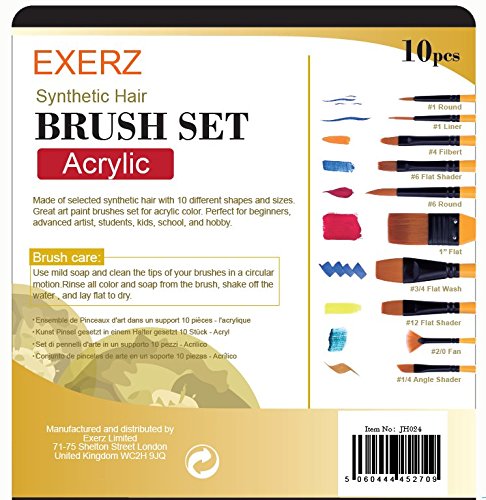 Exerz Acrylic Paint Brush Set 10 pcs Synthetic Hair Artist Professional Brushes in a Travel Case/Perfect for Acrylic Watercolour Gouache & Face Paint - Acrylic