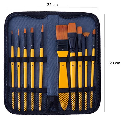 Exerz Acrylic Paint Brush Set 10 pcs Synthetic Hair Artist Professional Brushes in a Travel Case/Perfect for Acrylic Watercolour Gouache & Face Paint - Acrylic