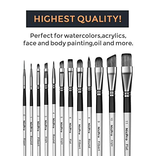 Nicpro 12 PCS Acrylic Paint Brushes Artist Taklon Small Painting Brush Set for Watercolor Oil Gouache Miniatures Face Body Shoes Craft Model, Kid & Adult Art Paintbrushes Grey