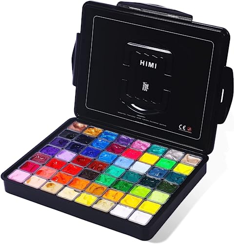 ARTFLY HIMI Gouache Paint Set, 56 Colors x 30ml Include 8 Metallic and 6 Neon Colors, Unique Jelly Cup Design in a Carrying Case Perfect for Artists, Students, Gouache Opaque Watercolor Painting