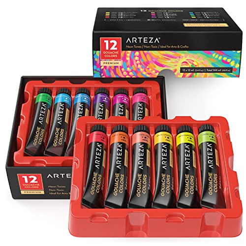 ARTEZA Gouache Paint, 12 Colours, Neon Tones, 144-ml Tubes, Opaque Water-Based Paint for Canvas and Paper, Art Supplies for Professionals, Students, and Kids