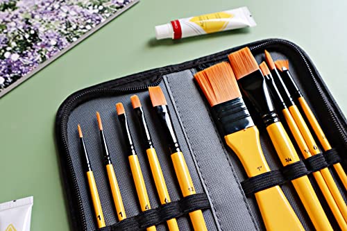 Exerz Acrylic Paint Brush Set 10 pcs Synthetic Hair Artist Professional Brushes in a Travel Case/Perfect for Acrylic Watercolour Gouache & Face Paint - Acrylic