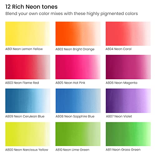 ARTEZA Gouache Paint, 12 Colours, Neon Tones, 144-ml Tubes, Opaque Water-Based Paint for Canvas and Paper, Art Supplies for Professionals, Students, and Kids