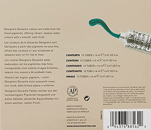 Winsor & Newton, Designers Gouache, Introductory Paint Set, 10 x 14 ml Tubes Assorted Colours