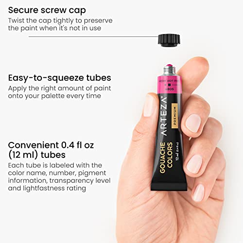 ARTEZA Gouache Paint, 12 Colours, Neon Tones, 144-ml Tubes, Opaque Water-Based Paint for Canvas and Paper, Art Supplies for Professionals, Students, and Kids
