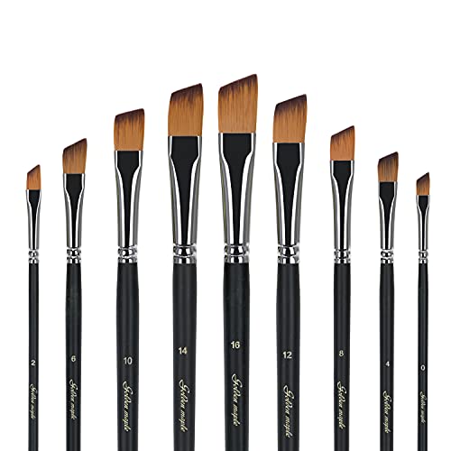 Angular Paint Brush, 9PC Oblique Tip Nylon Hair Angled Paint Brushes Set Art Artist Professional Painting Supplies for Acrylic, Watercolor, Gouache and Oil Painting (golden maple series)