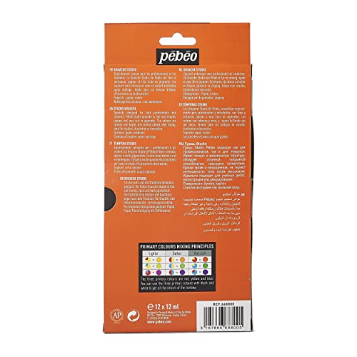Pébéo – Studio Gouache - Gouache Paint Set for Professional Artists and Hobby Painters – 12 colours, 12 ml