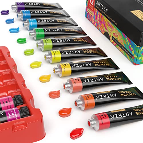 ARTEZA Gouache Paint, 12 Colours, Neon Tones, 144-ml Tubes, Opaque Water-Based Paint for Canvas and Paper, Art Supplies for Professionals, Students, and Kids