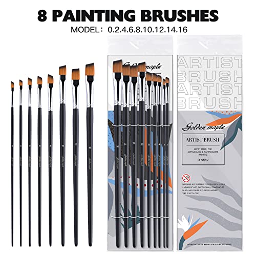 Angular Paint Brush, 9PC Oblique Tip Nylon Hair Angled Paint Brushes Set Art Artist Professional Painting Supplies for Acrylic, Watercolor, Gouache and Oil Painting (golden maple series)