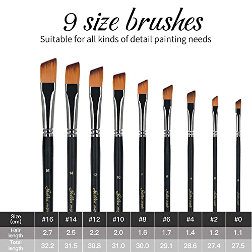 Angular Paint Brush, 9PC Oblique Tip Nylon Hair Angled Paint Brushes Set Art Artist Professional Painting Supplies for Acrylic, Watercolor, Gouache and Oil Painting (golden maple series)