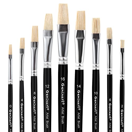 Acrylic Oil Watercolor Paint Brush Set, 9pcs Flat Paintbrushes for Art Painting, 100% Natural White Hog Bristle Artist Paint Brushes for Kids Students Adults (Black Handle)