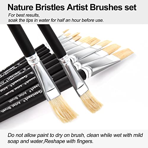 Acrylic Oil Watercolor Paint Brush Set, 9pcs Flat Paintbrushes for Art Painting, 100% Natural White Hog Bristle Artist Paint Brushes for Kids Students Adults (Black Handle)