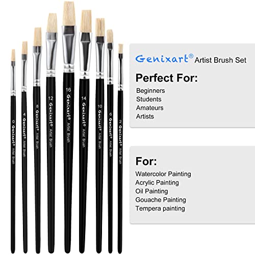 Acrylic Oil Watercolor Paint Brush Set, 9pcs Flat Paintbrushes for Art Painting, 100% Natural White Hog Bristle Artist Paint Brushes for Kids Students Adults (Black Handle)