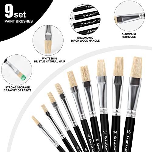 Acrylic Oil Watercolor Paint Brush Set, 9pcs Flat Paintbrushes for Art Painting, 100% Natural White Hog Bristle Artist Paint Brushes for Kids Students Adults (Black Handle)