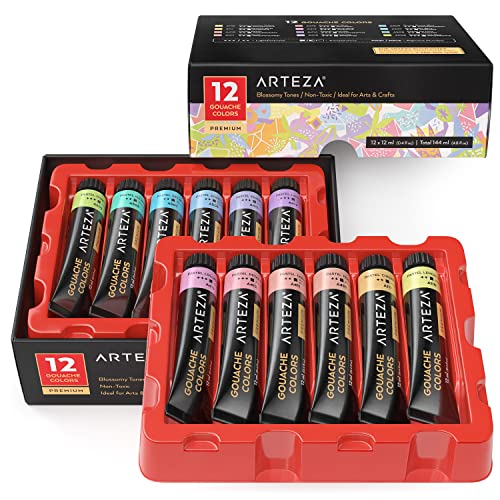 ARTEZA Gouache Paint, 12 Colours, Pastel Tones, 144-ml Tubes, Opaque Water-Based Paint for Canvas and Paper, Art Supplies for Professionals and Students