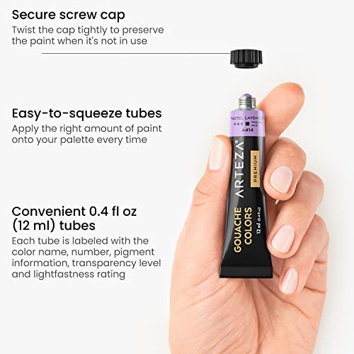 ARTEZA Gouache Paint, 12 Colours, Pastel Tones, 144-ml Tubes, Opaque Water-Based Paint for Canvas and Paper, Art Supplies for Professionals and Students