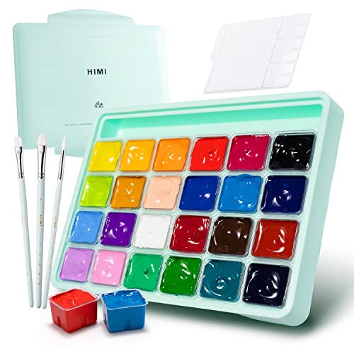 HIMI Gouache Paint Set,HIMI Gouache Painting,Paint Set,24 Colors x 30ml/1oz with 3 Brushes & a Palette, Unique Jelly Cup Design, Non-Toxic, Perfect for Beginners,Artists, Students, Newbie (Green)