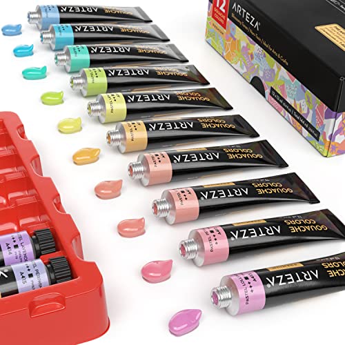 ARTEZA Gouache Paint, 12 Colours, Pastel Tones, 144-ml Tubes, Opaque Water-Based Paint for Canvas and Paper, Art Supplies for Professionals and Students