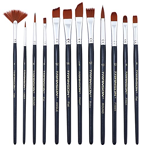 Transon 12pcs Professional Paint Brush Set for Acrylic Watercolor Gouache Ink Rock Craft Face Painting