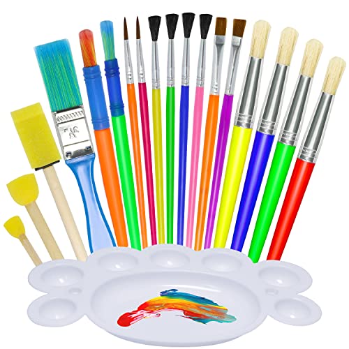 Jiosdo Kids Paint Brushes, 19Pcs Childrens Painting Brushes Set with Paint Palettes, Colorful Paint Brushes for Children Toddlers Beginners, Art Paint Brushes for Watercolor, Oil, Acrylic, Face