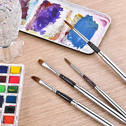 Kolinsky Travel Watercolor Brushes Sable Hair Round Watercolor Paint Brush 4Pcs Travel Brushes Set Portable Compact Artist Brushes with Pocket for Art Painting, Gouache, Acrylic Painting Oil Painting