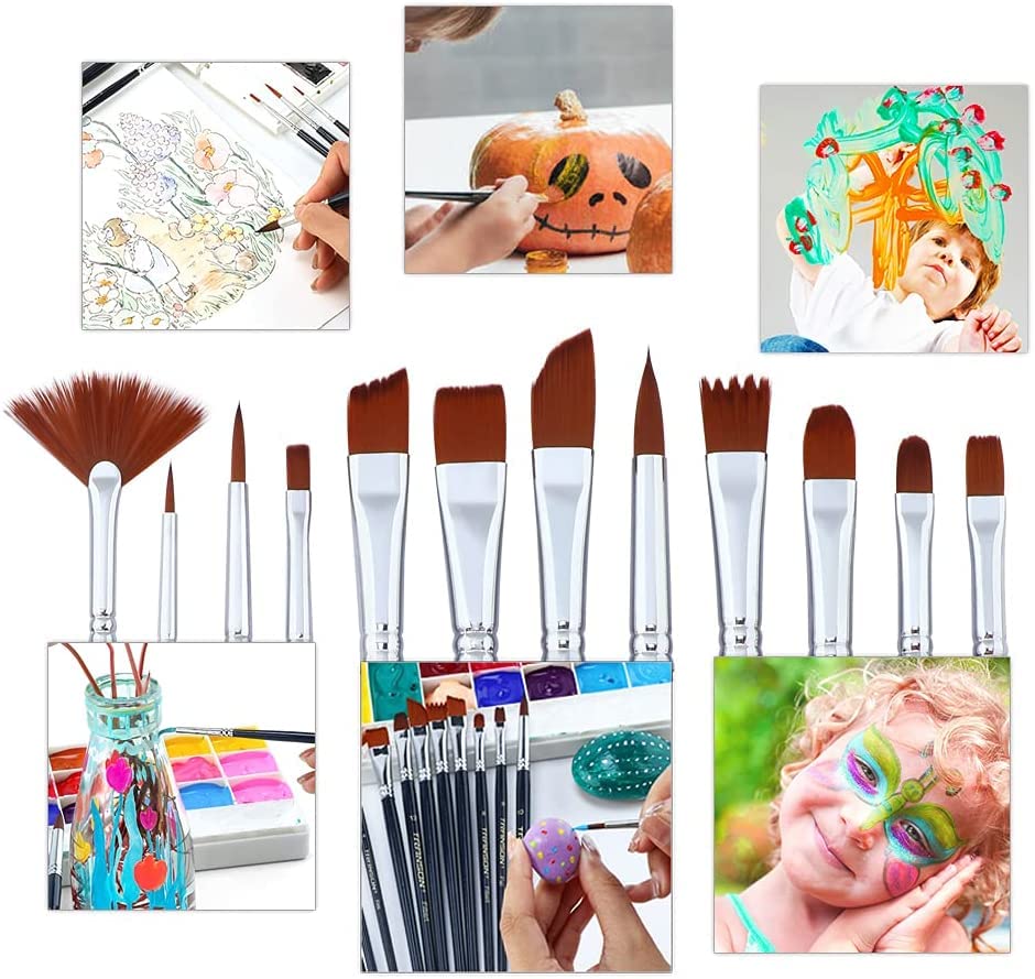 Transon 12pcs Professional Paint Brush Set for Acrylic Watercolor Gouache Ink Rock Craft Face Painting
