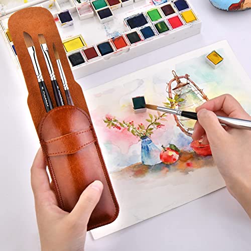 Kolinsky Travel Watercolor Brushes Sable Hair Round Watercolor Paint Brush 4Pcs Travel Brushes Set Portable Compact Artist Brushes with Pocket for Art Painting, Gouache, Acrylic Painting Oil Painting