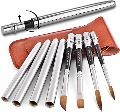 Kolinsky Travel Watercolor Brushes Sable Hair Round Watercolor Paint Brush 4Pcs Travel Brushes Set Portable Compact Artist Brushes with Pocket for Art Painting, Gouache, Acrylic Painting Oil Painting