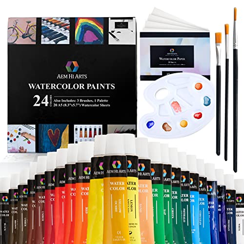 AEM Watercolor Paint Set - Washable Water Color Painting for Kids, Beginners, Art Students, Adults - Art Supplies Kit 24 Water Coloring Paint Tubes, Brush Set, Paper & Palette/Pan for Water Colors