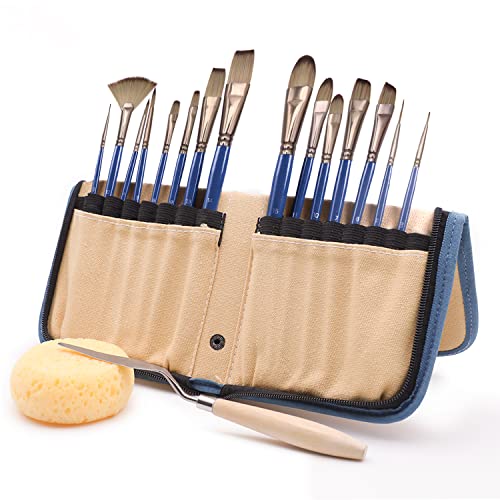 Artecho Art Paint Brushes Set 18 Pcs for Watercolor, Acrylic, Oil, Gouache, 15 Different Sizes Brush Kit with Painting Knife, Sponge&Portable Case, Premium Nylon Hairs for Adults, Students, Kids