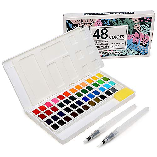 Watercolor Paints Set, Premium Acrylic Paint Set, 48 Vivid Color Cube, 2 Brush Pen, Mixing Palette, 2 Sponge, Suit for Adult Kids Beginner Student