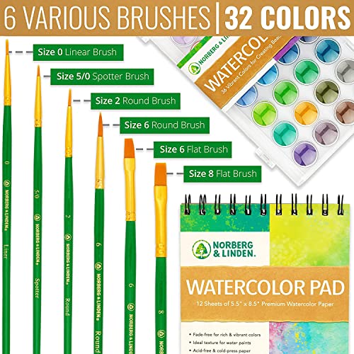 Watercolor Paint Set - 36 Premium Paints - 12 Page Pad - 6 Brushes - Painting Supplies with Palette, Watercolors, Art Pad Paper and Artist Brushes