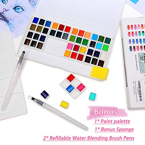 Watercolor Paints Set, Premium Acrylic Paint Set, 48 Vivid Color Cube, 2 Brush Pen, Mixing Palette, 2 Sponge, Suit for Adult Kids Beginner Student