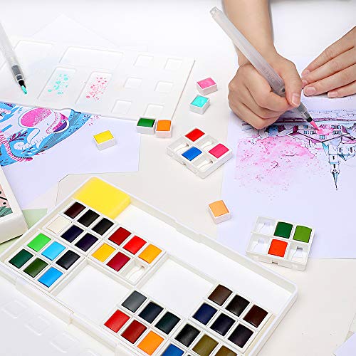 Watercolor Paints Set, Premium Acrylic Paint Set, 48 Vivid Color Cube, 2 Brush Pen, Mixing Palette, 2 Sponge, Suit for Adult Kids Beginner Student