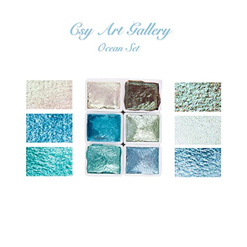 CSY art gallery Artist Watercolor Paint Set-Glitter Paint -Metallic Water Coloring Paint - Solid Palette- Retro Portable Metal Case-Pearlescent Color Set Sparkle Professional Watercolour (Ocean)