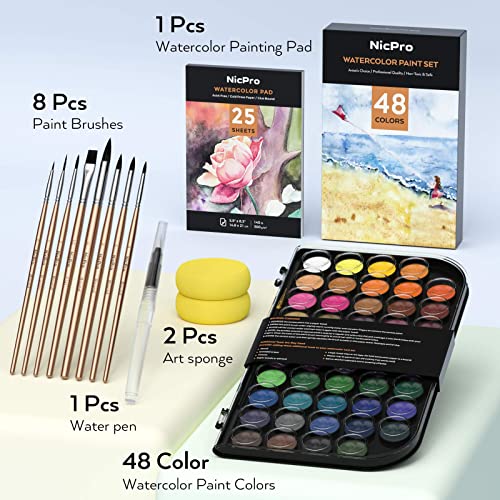 Nicpro Watercolour Paint Set, 48 Water Colors Kit with 8 Squirrel Brushes, Palette, Watercolor Pen, 25 Art Pad Paper, 2 Art Sponges, Non-toxic Painting Supplies for Kids, Adults, Beginners, Artists
