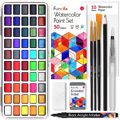 Funcils Watercolour Paint Set - Water Colour Paints Sets for Adults, Beginners | 50 Artist Quality Professional Watercolour Paints - Travel Watercolour Set, Painting Art Supplies, Kids Paint Set