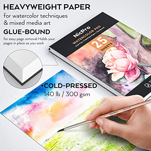 Nicpro Watercolour Paint Set, 48 Water Colors Kit with 8 Squirrel Brushes, Palette, Watercolor Pen, 25 Art Pad Paper, 2 Art Sponges, Non-toxic Painting Supplies for Kids, Adults, Beginners, Artists